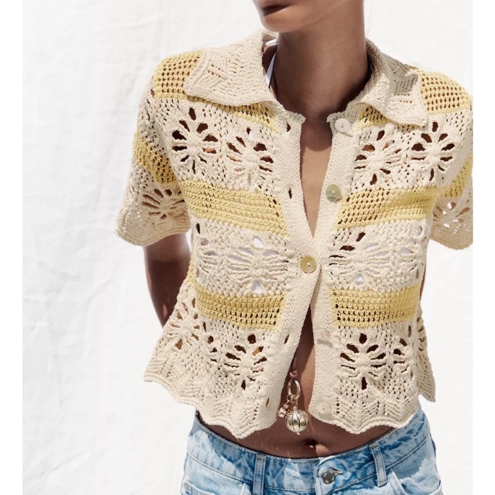 Zara crochet Knit Sweater in Yellow and Cream NWOT